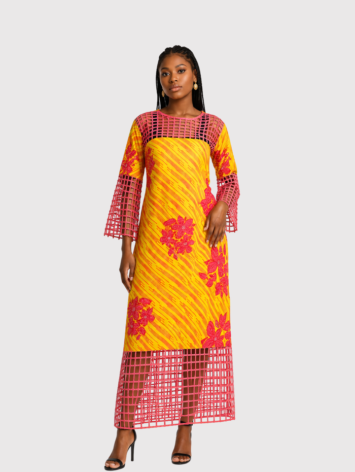 Riah Women's African Beaded Dress, (with Basket Neckline, Sleeves, Borders)
