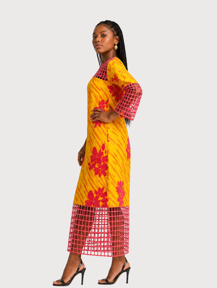 Riah Women's African Beaded Dress, (with Basket Neckline, Sleeves, Borders)