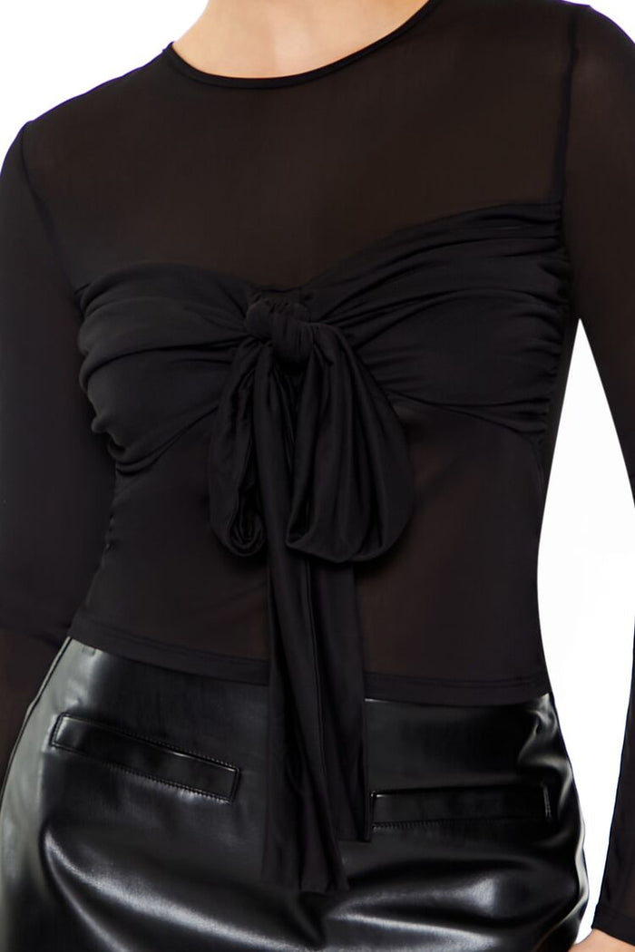 Ruched Mesh Tie-Front Top
