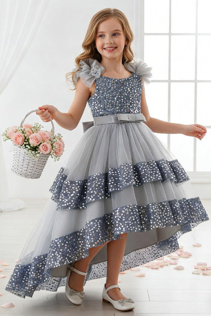 Ruffled Flutter Shoulder Sequin Ruffled Trim Bodice Tulle High-Low Flower Girl Dresses 1029823265576