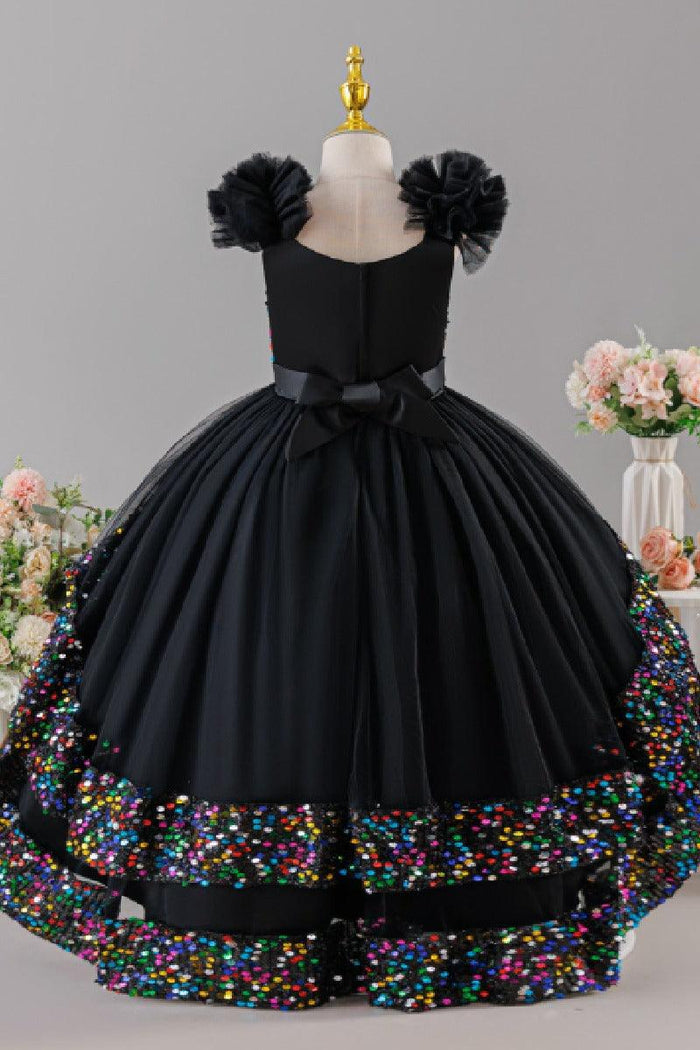 Ruffled Flutter Shoulder Sequin Ruffled Trim Bodice Tulle High-Low Flower Girl Dresses 1029823265576