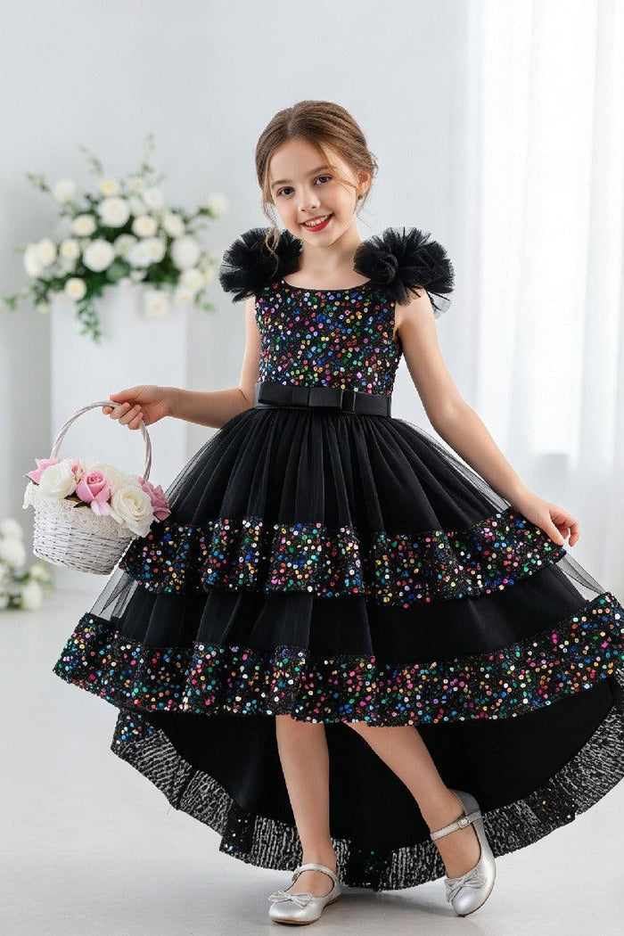 Ruffled Flutter Shoulder Sequin Ruffled Trim Bodice Tulle High-Low Flower Girl Dresses 1029823265576