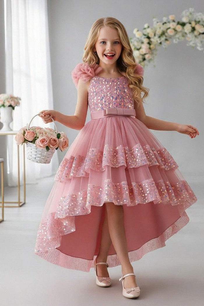 Ruffled Flutter Shoulder Sequin Ruffled Trim Bodice Tulle High-Low Flower Girl Dresses 1029823265576
