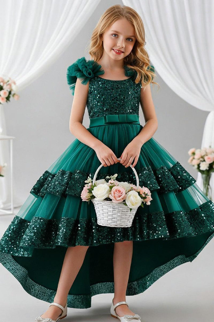 Ruffled Flutter Shoulder Sequin Ruffled Trim Bodice Tulle High-Low Flower Girl Dresses 1029823265576