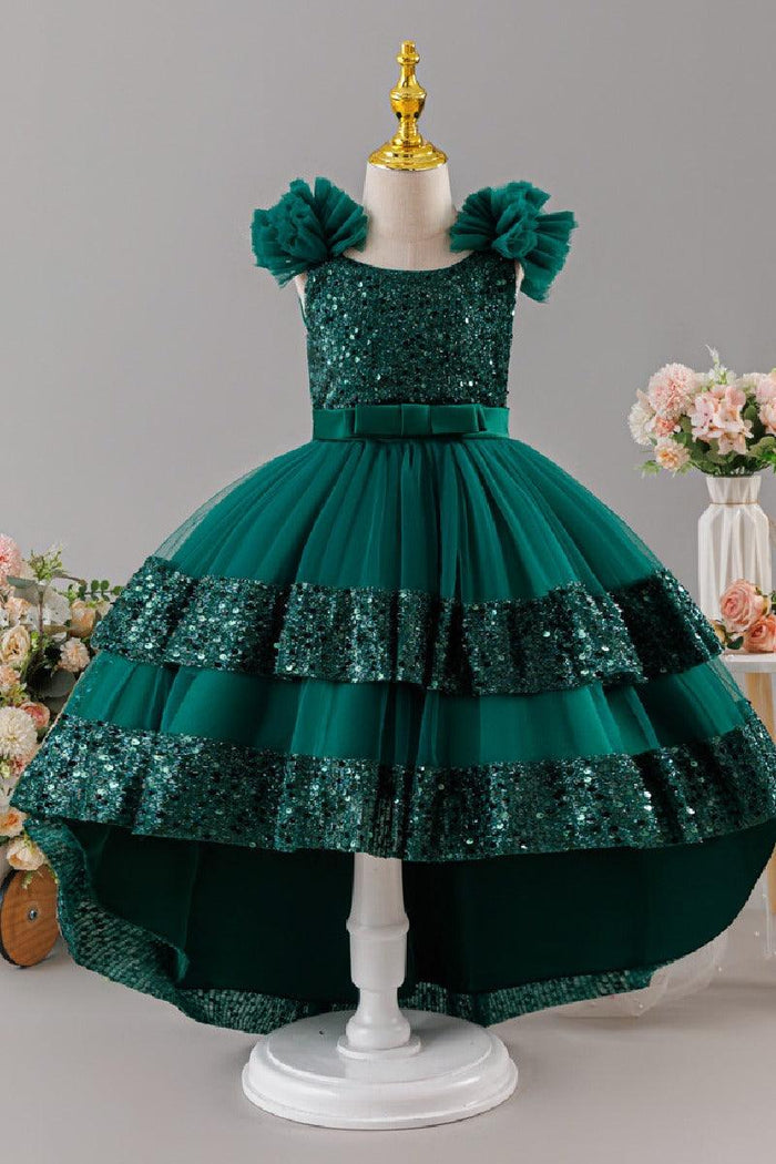 Ruffled Flutter Shoulder Sequin Ruffled Trim Bodice Tulle High-Low Flower Girl Dresses 1029823265576