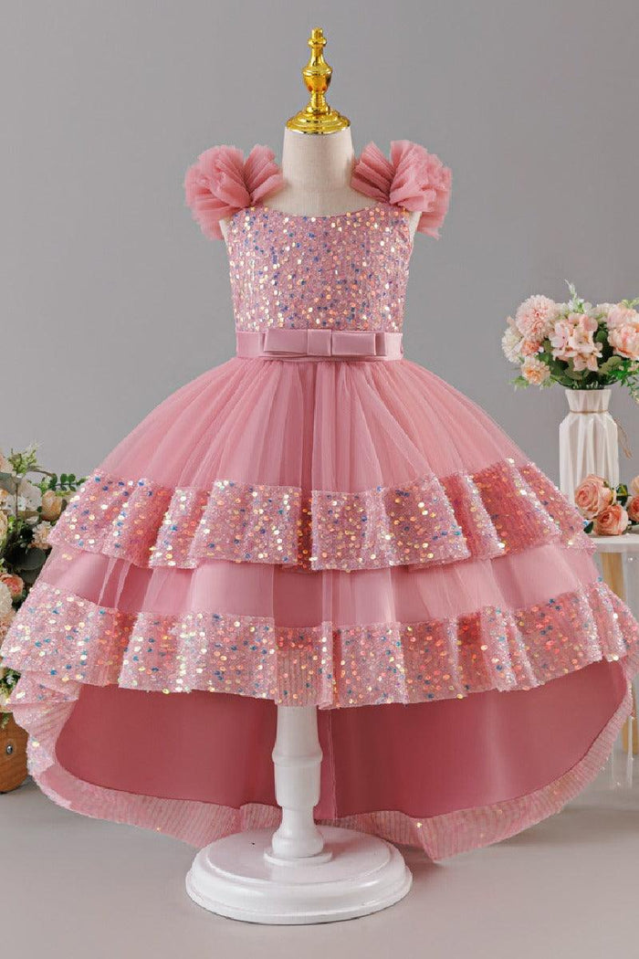 Ruffled Flutter Shoulder Sequin Ruffled Trim Bodice Tulle High-Low Flower Girl Dresses 1029823265576