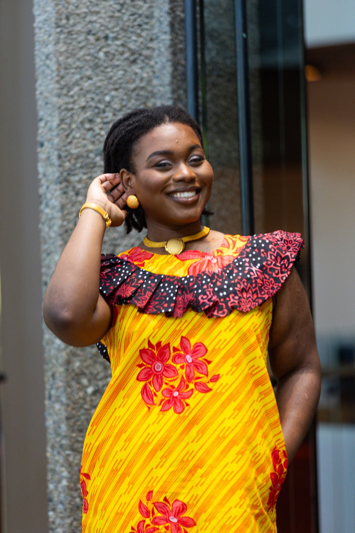 Sabella Women's African Print dress (Yellow Ankara, Combined)