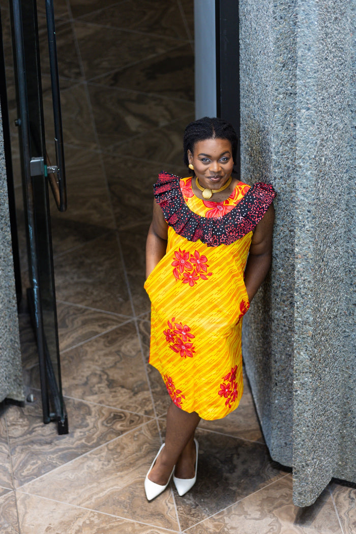 Sabella Women's African Print dress (Yellow Ankara, Combined)