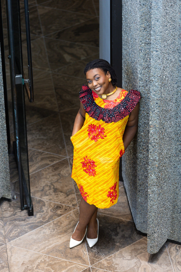 Sabella Women's African Print dress (Yellow Ankara, Combined)