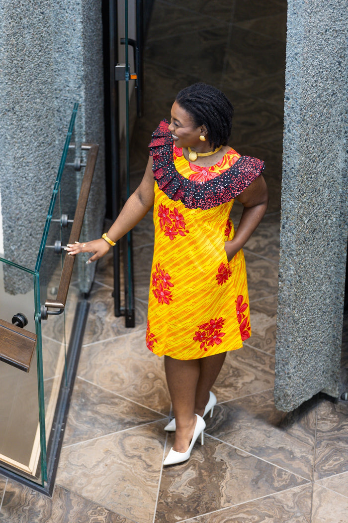 Sabella Women's African Print dress (Yellow Ankara, Combined)