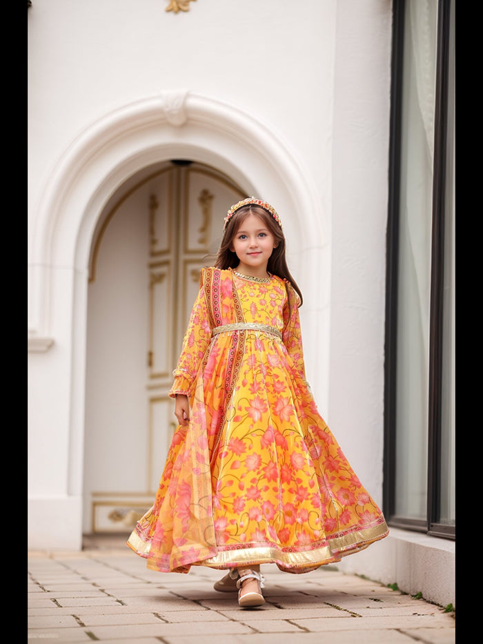 Sale Yellow Lotus Print Anarkali Gown with Dupatta