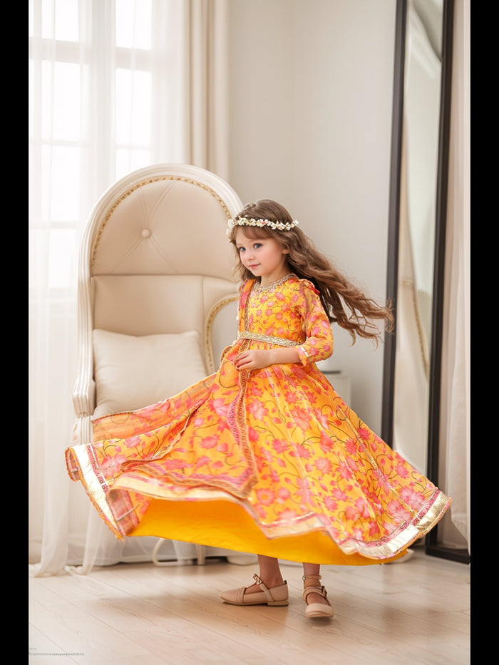 Sale Yellow Lotus Print Anarkali Gown with Dupatta
