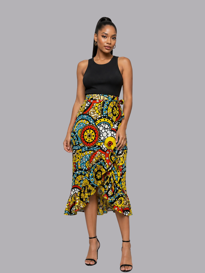 Sally Women's African Wrap Skirt, (with gathered borders, adjustable sizing)