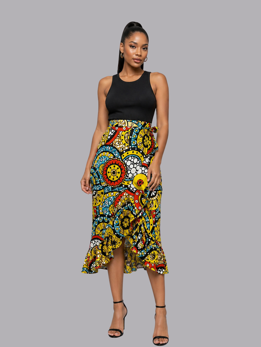 Sally Women's African Wrap Skirt, (with gathered borders, adjustable sizing)