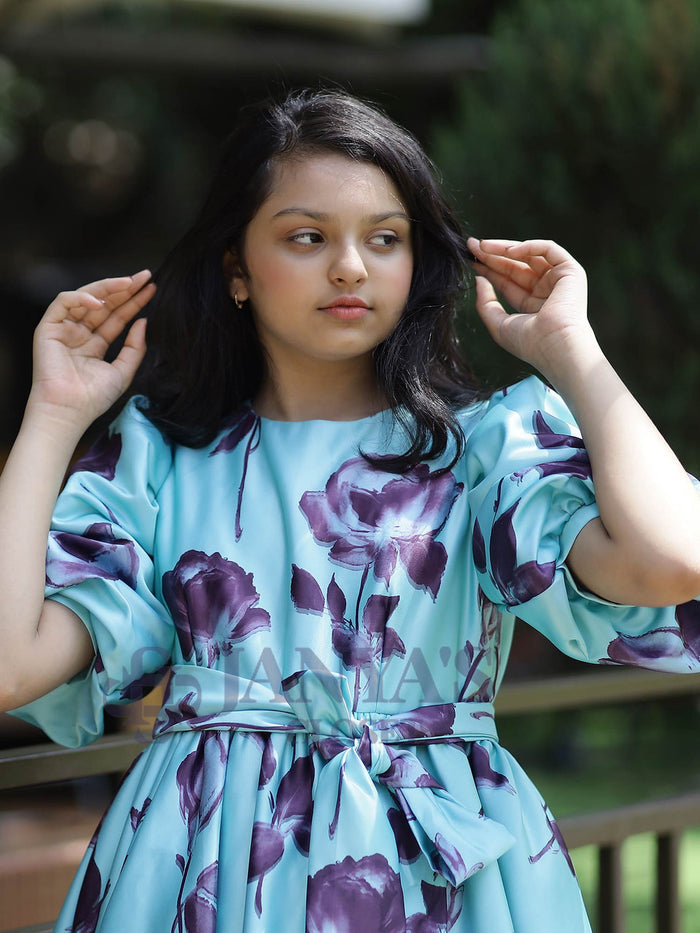 Sample Satin Purple Floral Print Party Dress