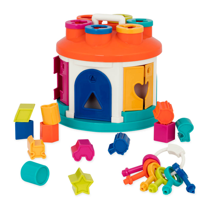 A shape sorter house toy for toddlers and kids.