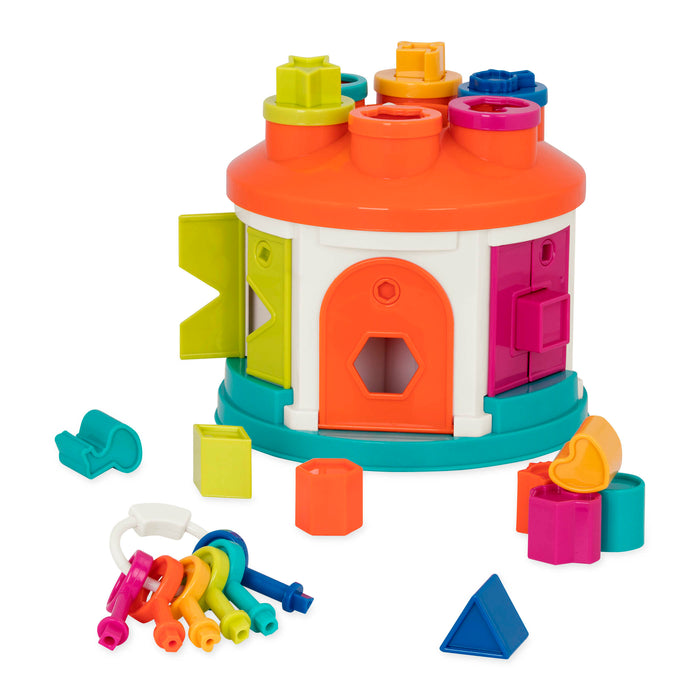 A shape sorter house toy for toddlers and kids.