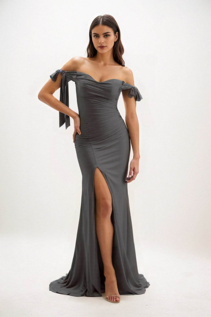 Sheath Sweep-Brush Train Luxe Satin Bridesmaid Dress CB0834 - COCOMELODY