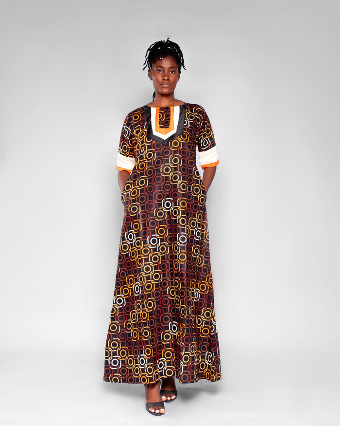 Sherry Women's Maxi African Dress (in Brown and Gold Geometric Pattern Ankara)