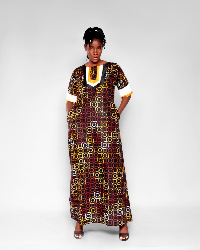 Sherry Women's Maxi African Dress (in Brown and Gold Geometric Pattern Ankara)