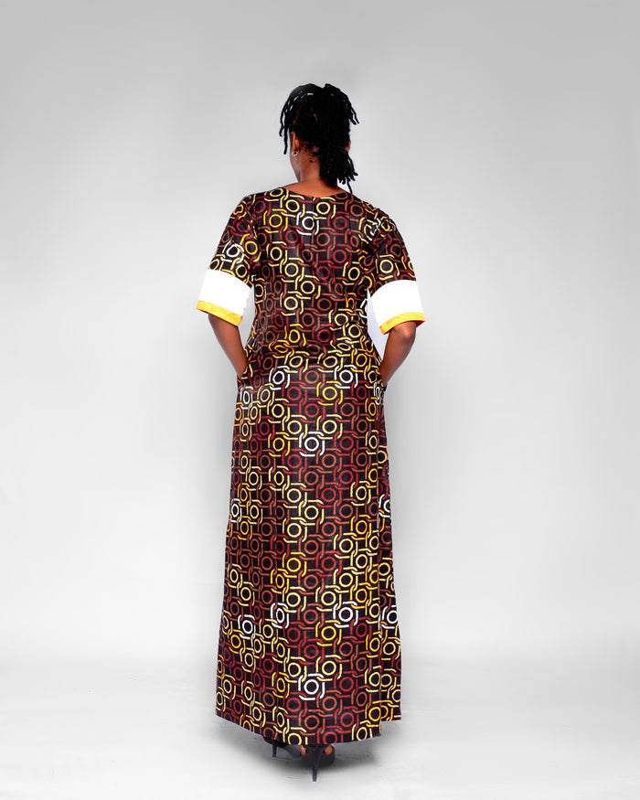 Sherry Women's Maxi African Dress (in Brown and Gold Geometric Pattern Ankara)