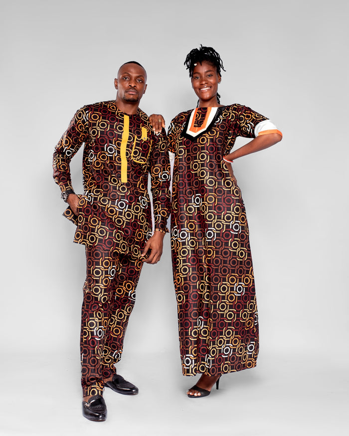 Sherry Women's Maxi African Dress (in Brown and Gold Geometric Pattern Ankara)