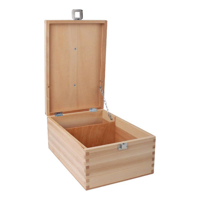 A light natural wood storage box with an open hinged lid, secured by a metal chain and latch, shown on a plain white background.