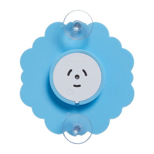 Back view of blue daisy thermometer showing two clear suction cups and a central circular mounting plate