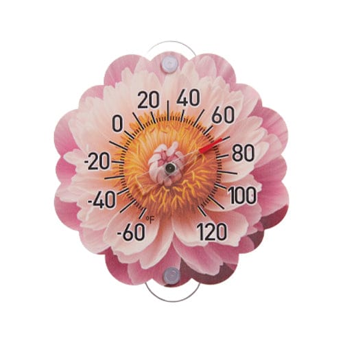 Pink peony shaped silicone suction cup thermometer with a floral dial.