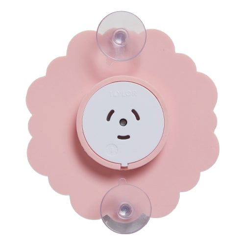 Back view of pink peony silicone suction cup thermometer with central mounting plate and two suction cups.