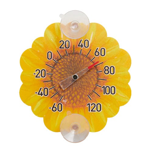 Yellow sunflower shaped thermometer with suction cups and a 0 to 120 temperature scale.