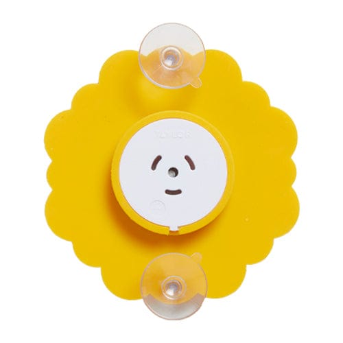 Back view of yellow sunflower silicone thermometer with mounting disc and suction cups.