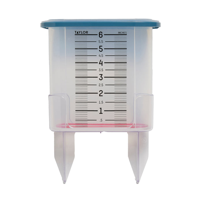 Silicone wide rain gauge with teal rim and inch scale markings on a pale container.