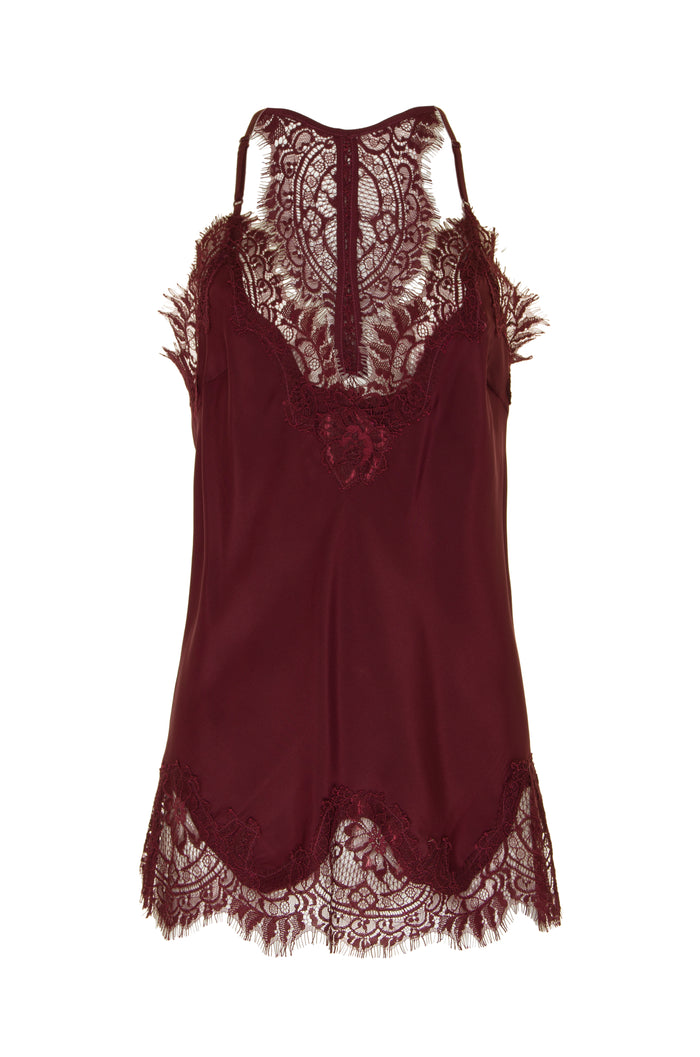 The Silk Lace Razorback Cami in burgundy.