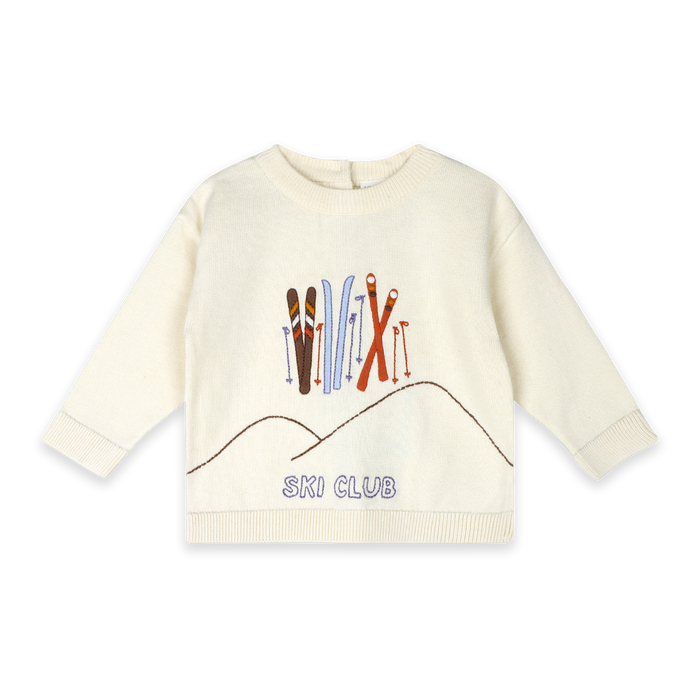 Ski Club embroidered baby knit pullover in ecru, front