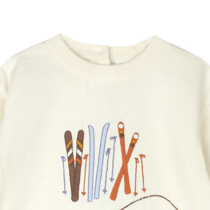 Ski Club embroidered baby knit pullover in ecru
