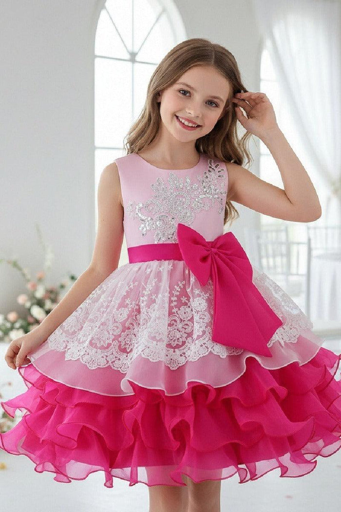 Sleeveless Round Neck Knee Length Tiered Ruffled Organza Lace Flower Girl Dresses 1030684537827