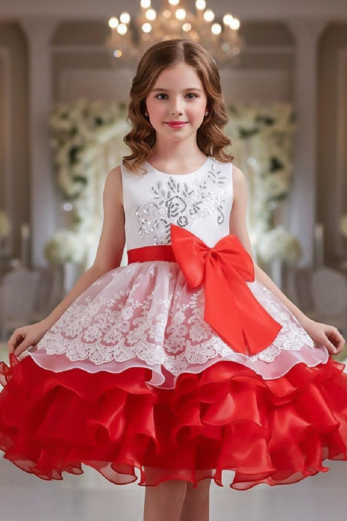 Sleeveless Round Neck Knee Length Tiered Ruffled Organza Lace Flower Girl Dresses 1030684537827