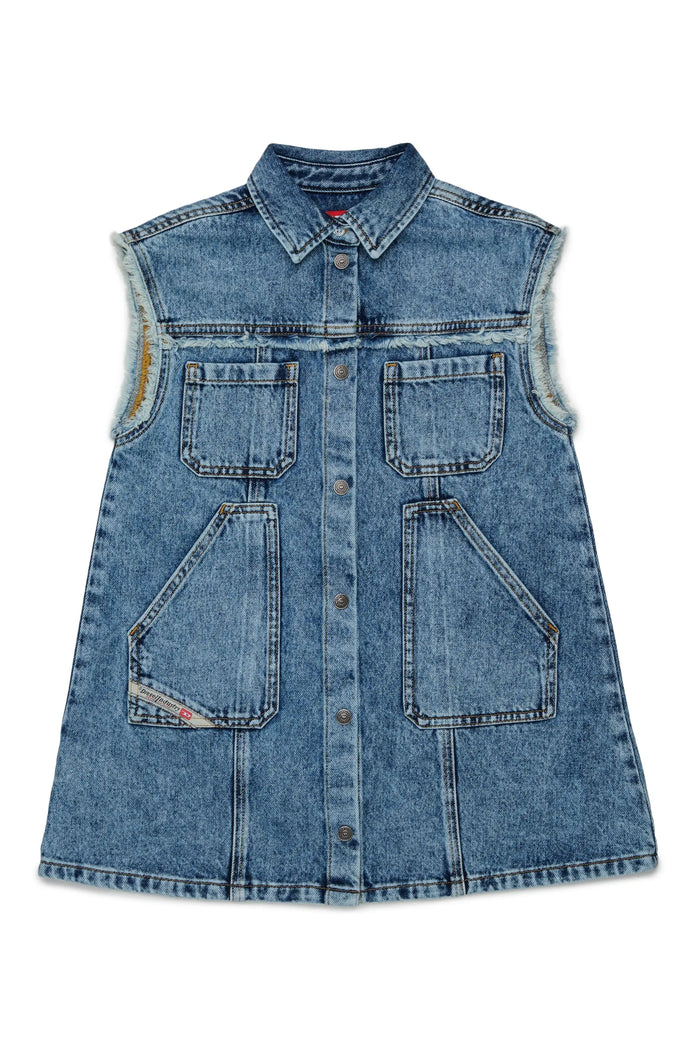 Sleeveless shirt dress in marble-effect denim