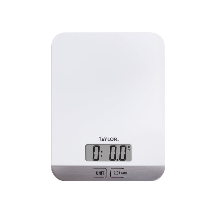 Slim white digital kitchen scale with LCD display showing 0.00 lb
