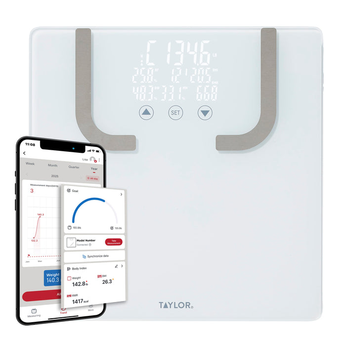 Smart Body Composition Scale with Quick-view display and Precision Hub App; scale shown with a smartphone app interface nearby