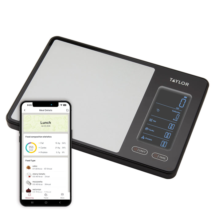 Smart food scale accompanied by a smartphone showing the Precision Hub app interface