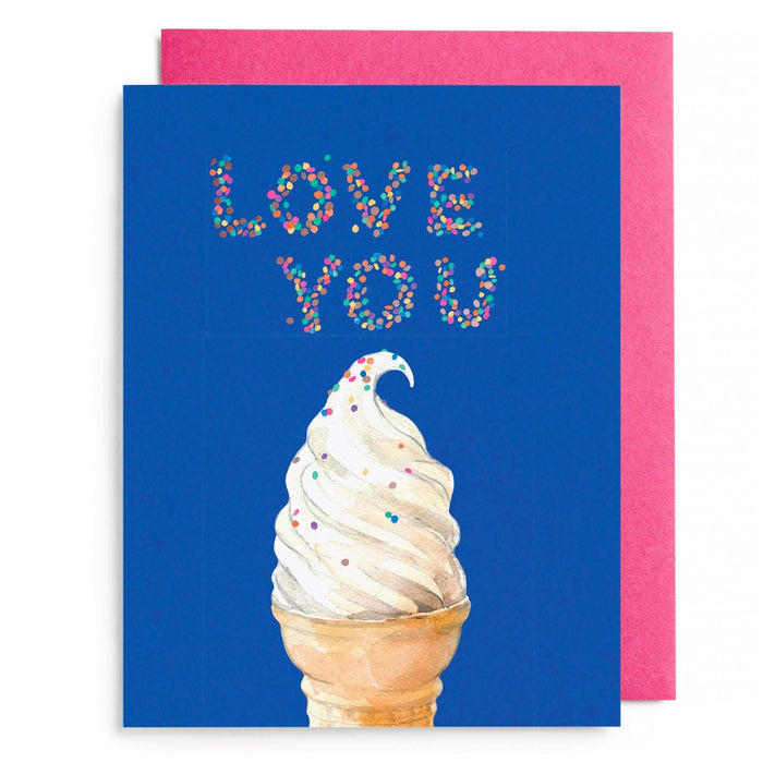 Greeting card with ice cream cone and 'Love You' text on blue background.