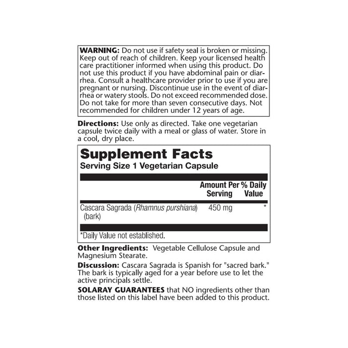 SOLARAY Cascara Sagrada Capsules - Natural Herbal Support for Healthy Bowel Function - 180 Count - The Oasis of Health