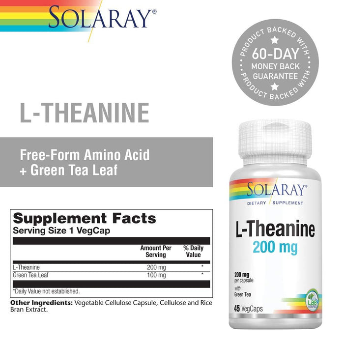 Solaray L - Theanine - 45 VegCaps - 200 mg + 100 mg Green Tea Leaf - The Oasis of Health