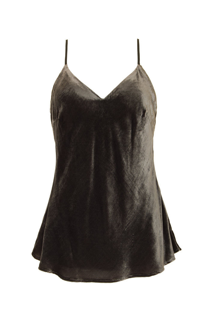 Luxurious blended silk velvet camisole with adjustable straps, and cut on bias. It is lined, has a V-neck line, and a super soft touch. Here shown in pewter.