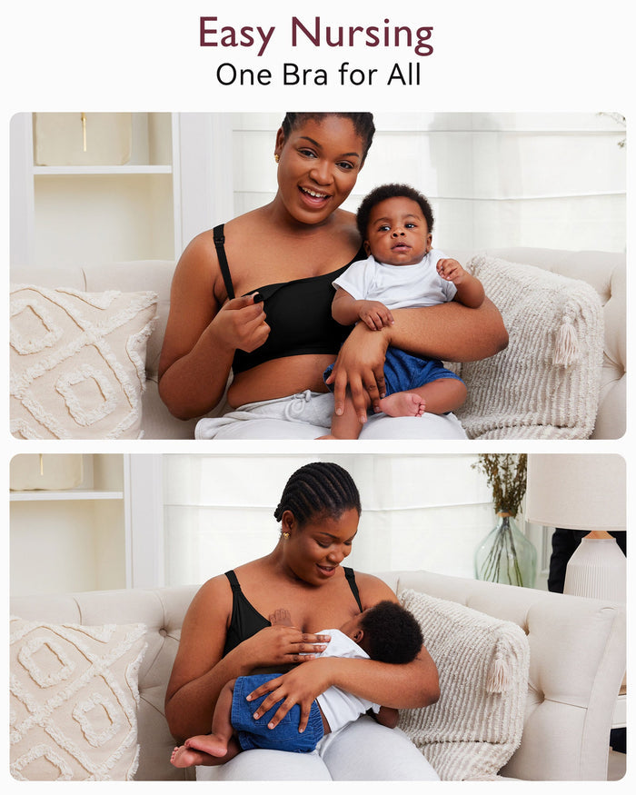 Black mom in black Original Basic Pumping & Nursing Bra YN08, comfortably nursing her baby.