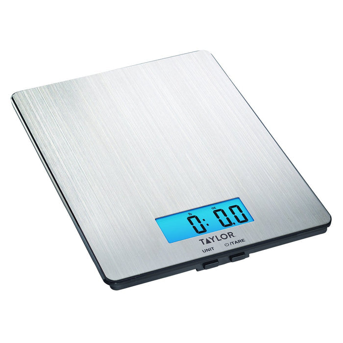 Angled top view of brushed stainless steel digital kitchen scale with blue backlit display along the bottom edge