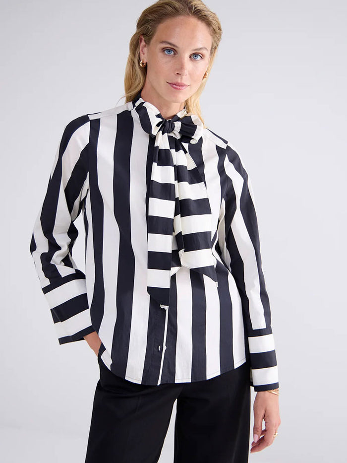 Summum Stripe Printed Blouse with Bow Black & Ivory