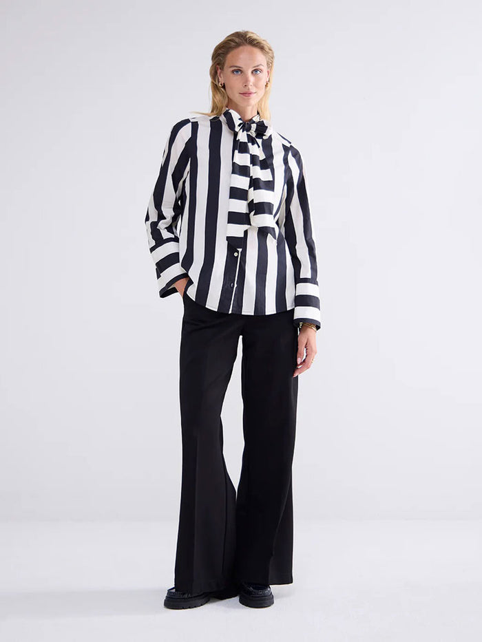 Summum Stripe Printed Blouse with Bow Black & Ivory